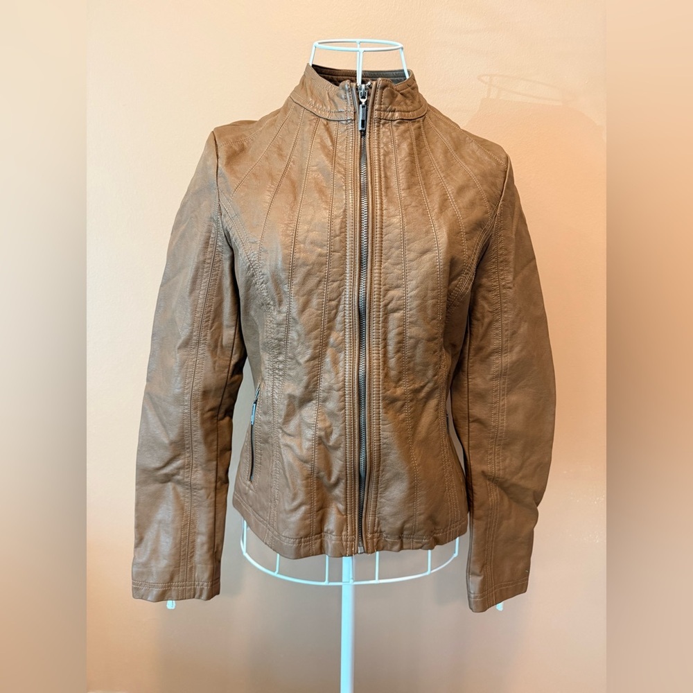 Lock & Love Faux Leather Moto Jacket NWT Camel Tan Fitted Zip XS